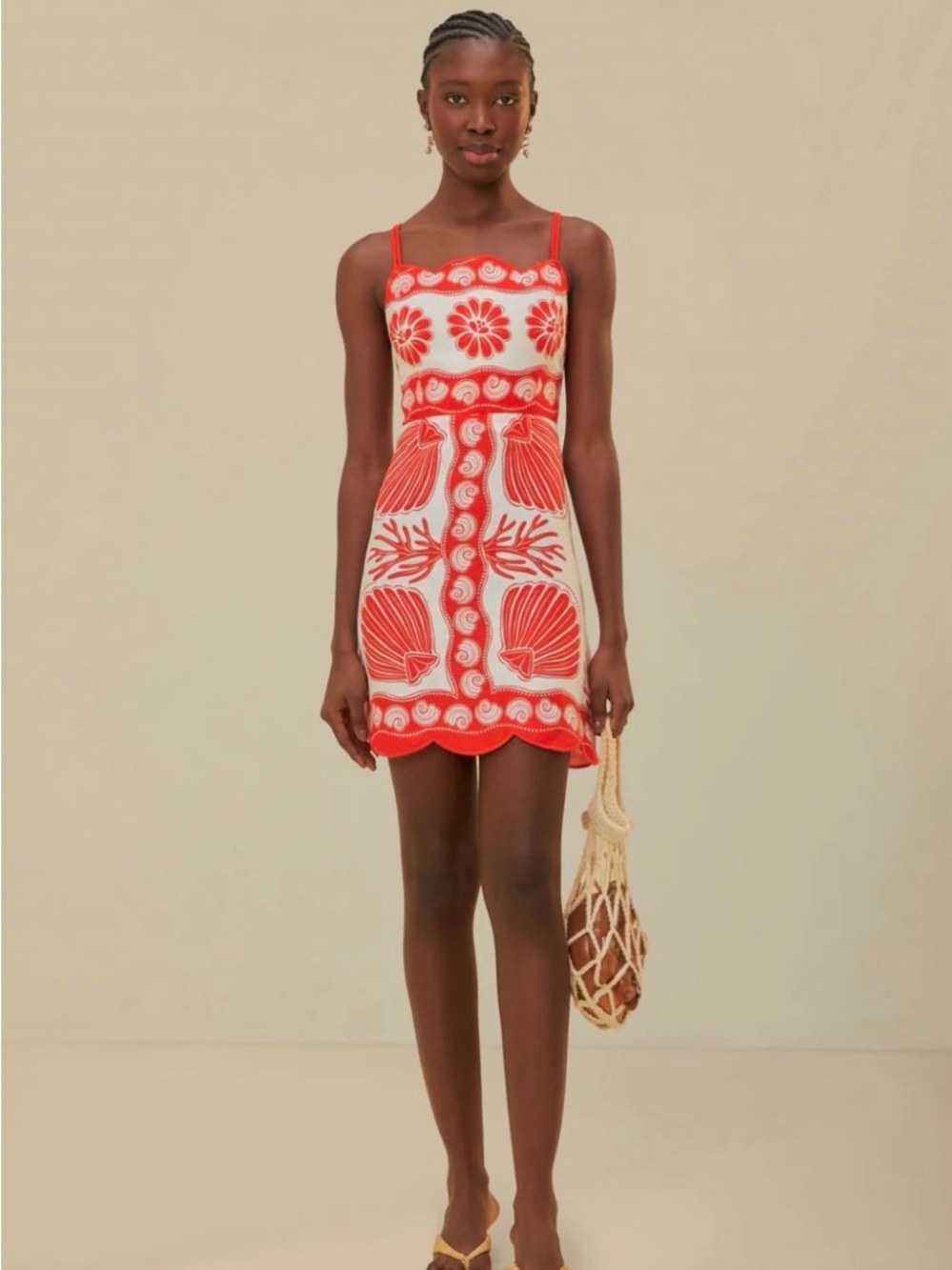 FARM Rio Red and White Shell-Embroidered Mini Dress